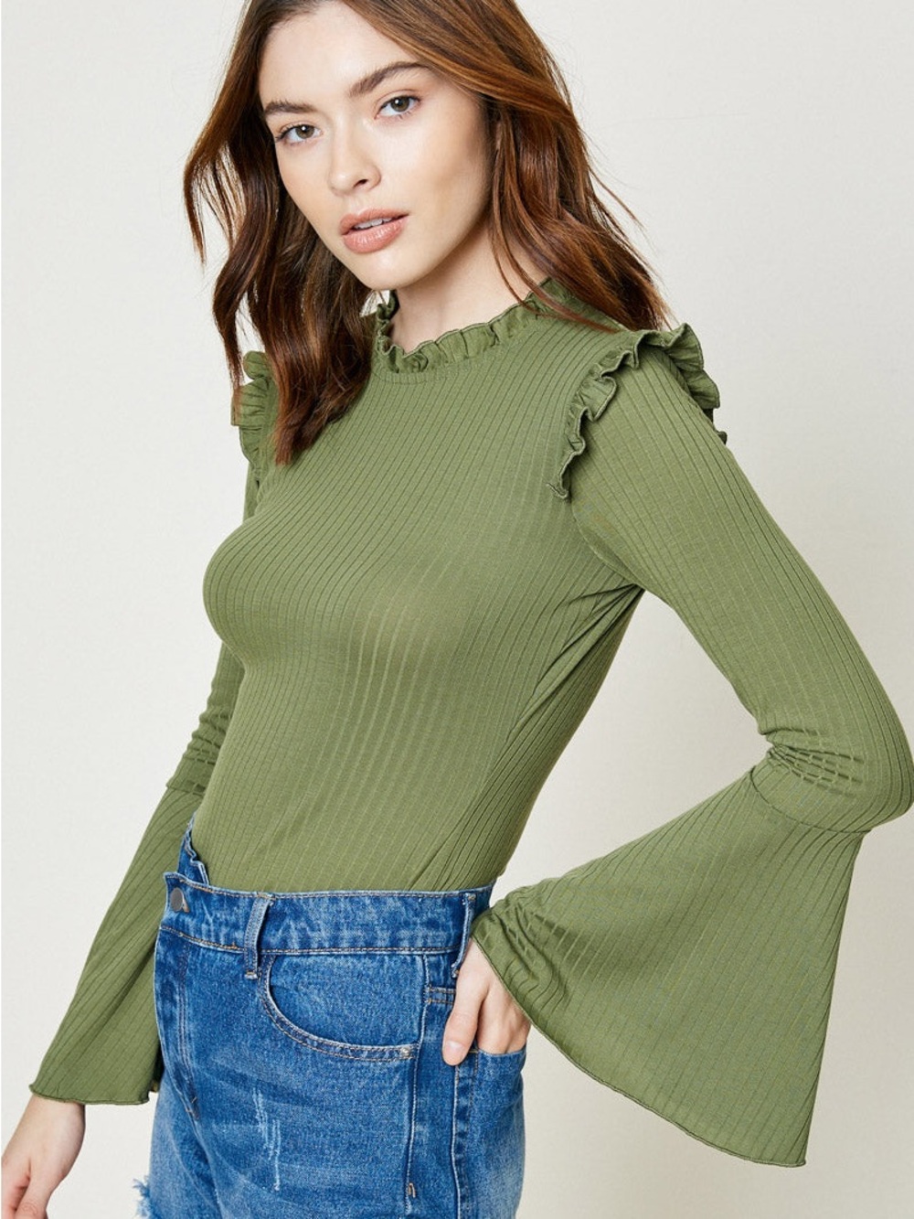 Ruffled Olive Green Ribbed Long-Sleeve Top